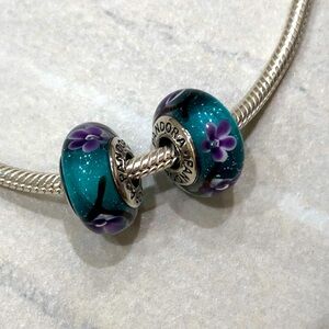 2 Pandora Purple Plum Teal Murano Charms